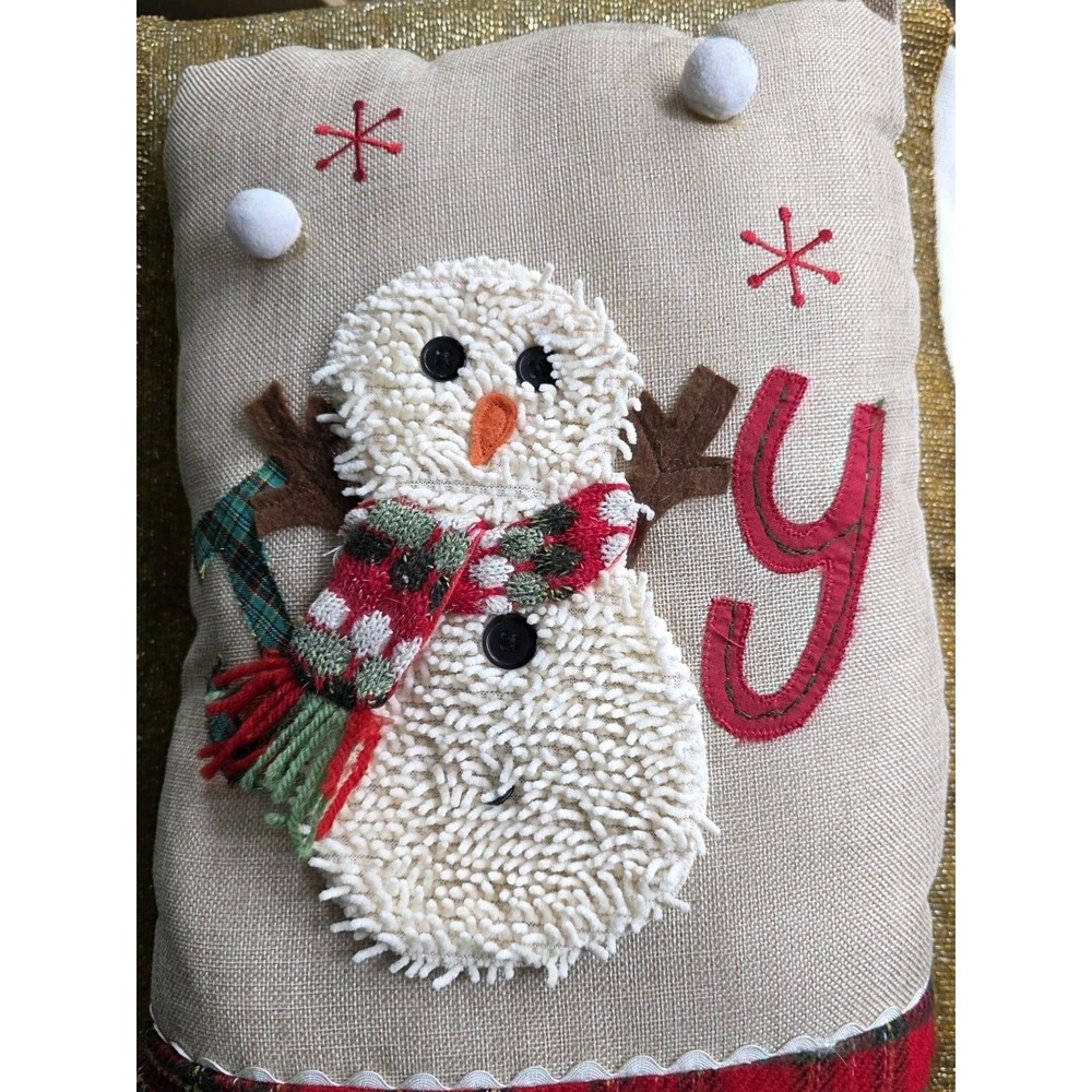 Cracker‎ Barrel Christmas Pillow JOY Snowman Rustic Farmhouse Plaid/Burlap